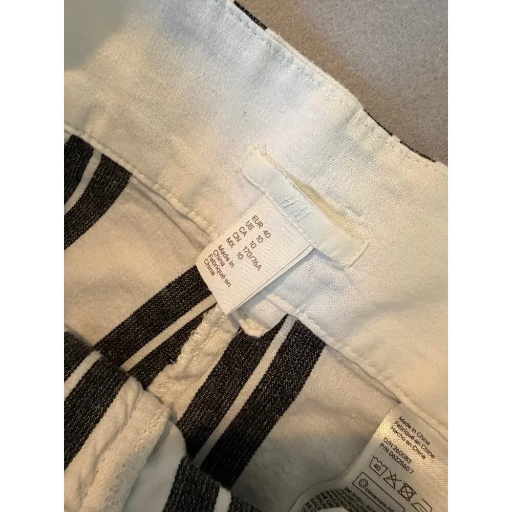 H&M Linen Blend Cropped Wide Leg Pants White Black Stripe Women’s Size 10